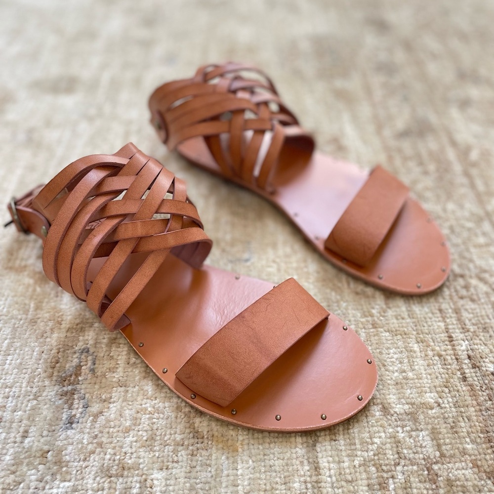 BEAST FASHION Woven Strap Flat Sandals in Cognac Brown